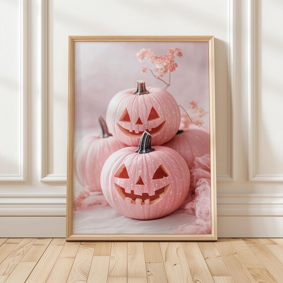 Pink Pumpkin Halloween Art Print Cute Jack O Lantern Decor Soft Pastel Fall Wall Art Whimsical Halloween Print