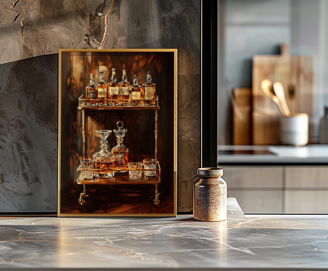 Vintage Whiskey Bar Cart With Bottles and Decanters Art Poster - Image 6