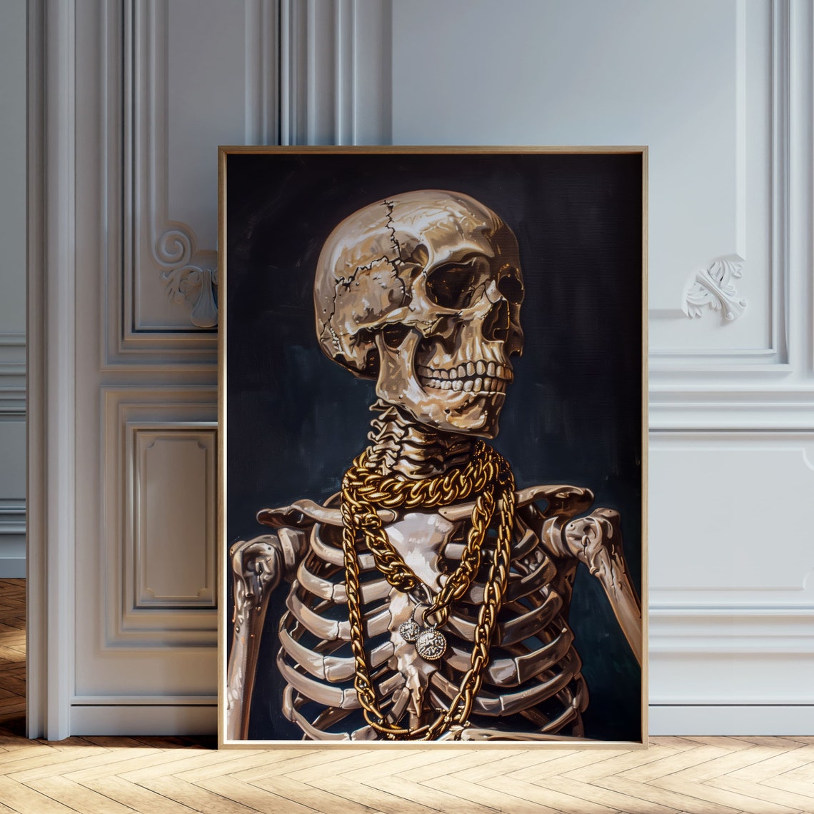 Luxury Skeleton Wearing Gold Chains Gothic Dark Aesthetic Art Poster