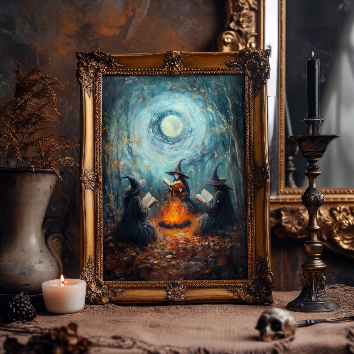 Three Witches Reading by Campfire Moonlit Forest Gothic Poster - Image 8