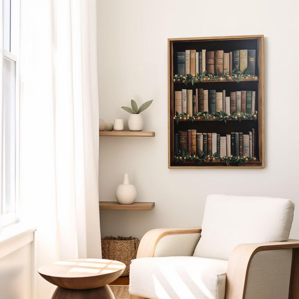 Cozy Vintage Bookshelf with Twinkling Fairy Lights Library Decor Poster - Image 5