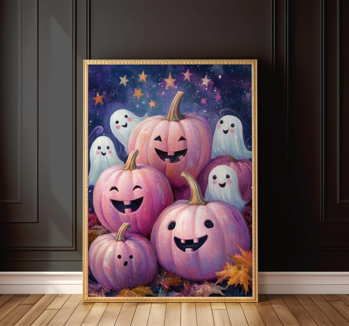 Pink Pumpkins Happy Ghosts Starry Night Cute Halloween Season Poster - Image 8