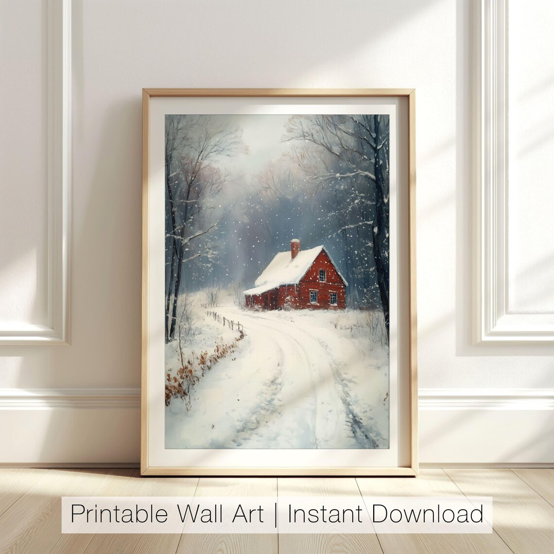 Cozy Red Winter Cottage Snowy Woods Falling Snow Rustic Cabin Scene Poster
