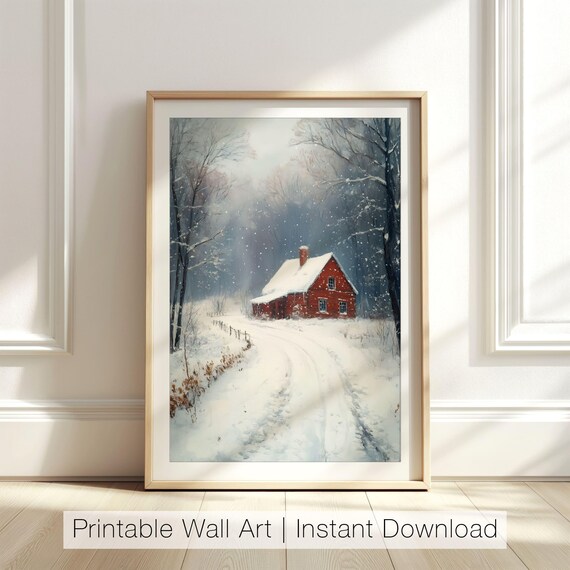 Cozy Red Winter Cottage Snowy Woods Falling Snow Rustic Cabin Scene Poster