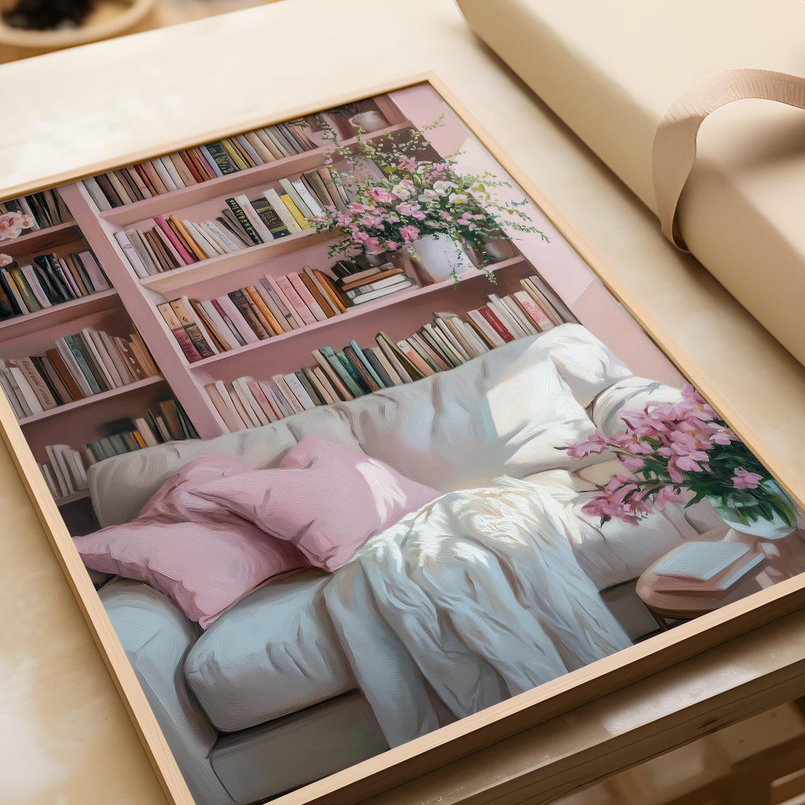 Cozy Pink Reading Nook Bookshelf Floral Book Lover Cozy Decor Wall Art - Image 6