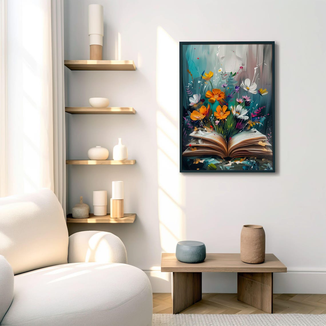 Wildflowers Blooming From Open Book Teal Floral Decor Art Poster - Image 8