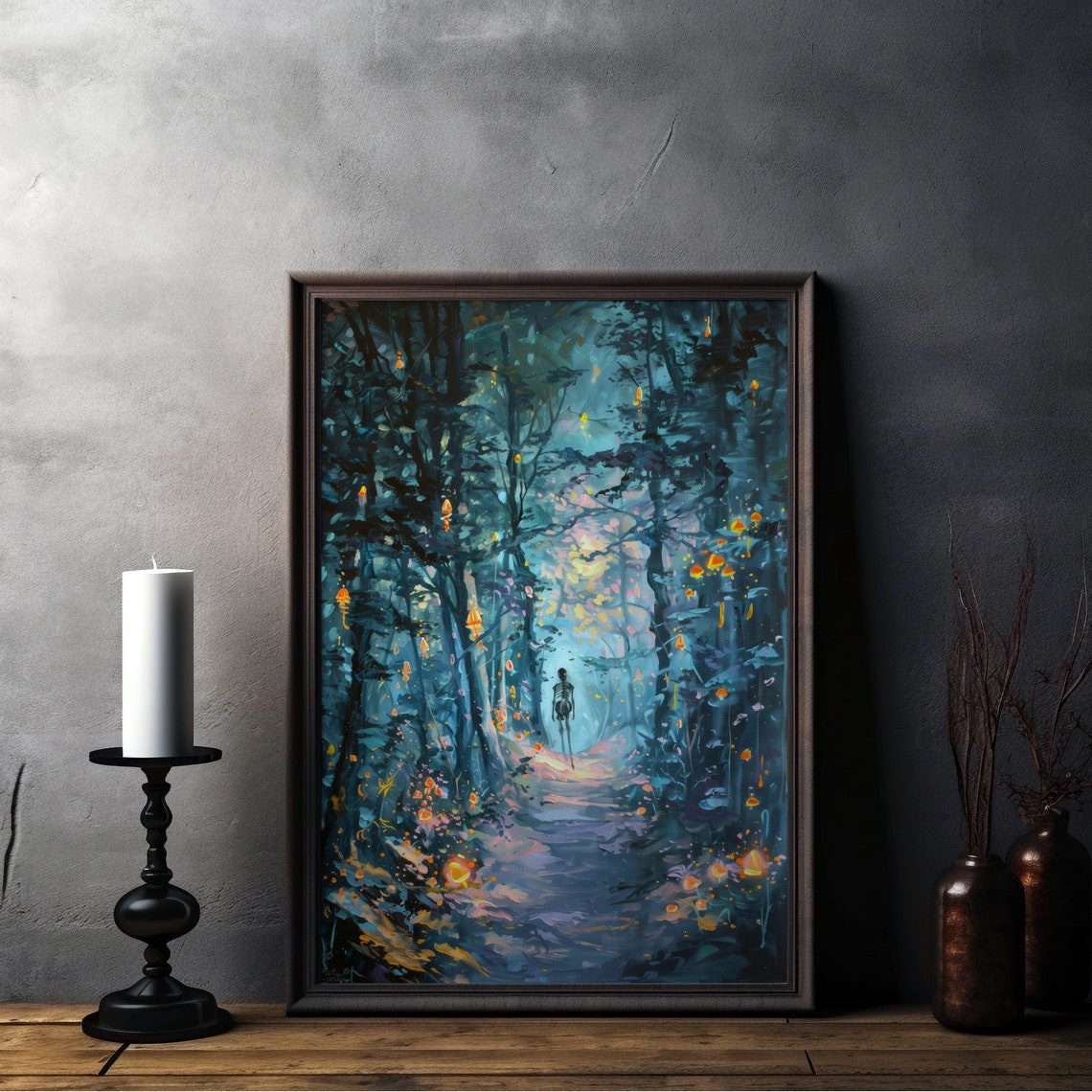 Skeleton in Glowing Blue Forest Night Halloween Painting Poster - Image 4