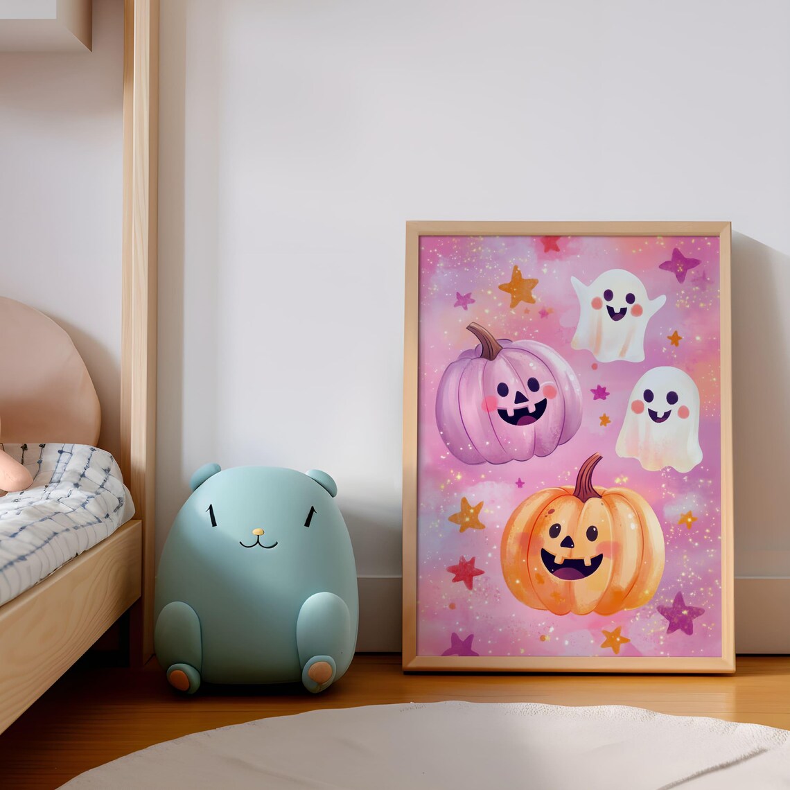 Cute Pumpkin And Ghost Halloween Art Print Spooky Halloween Wall Decor Pink Halloween Art - Image 4