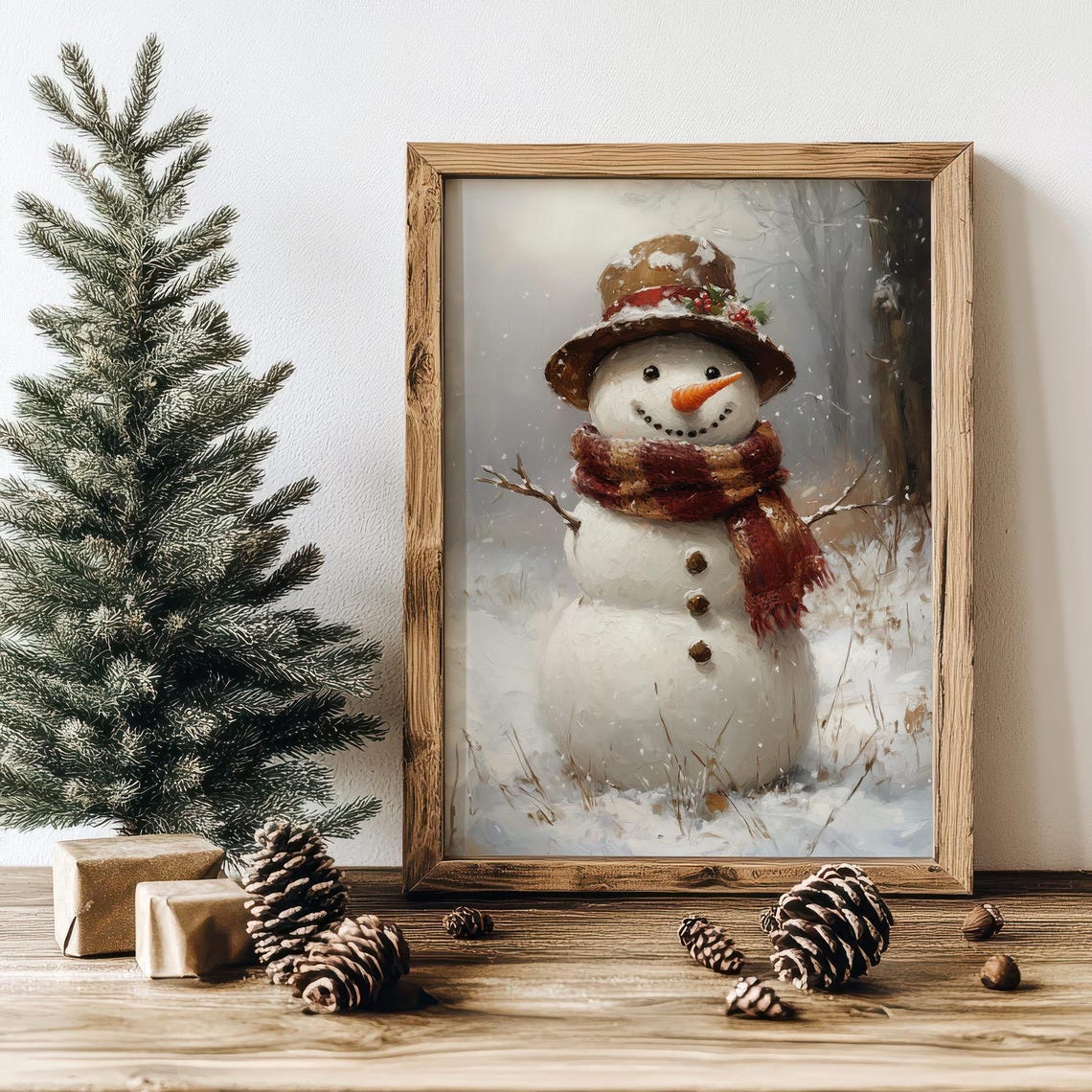 Cheerful Snowman With Red Scarf in Snowy Winter Woods Poster - Image 6