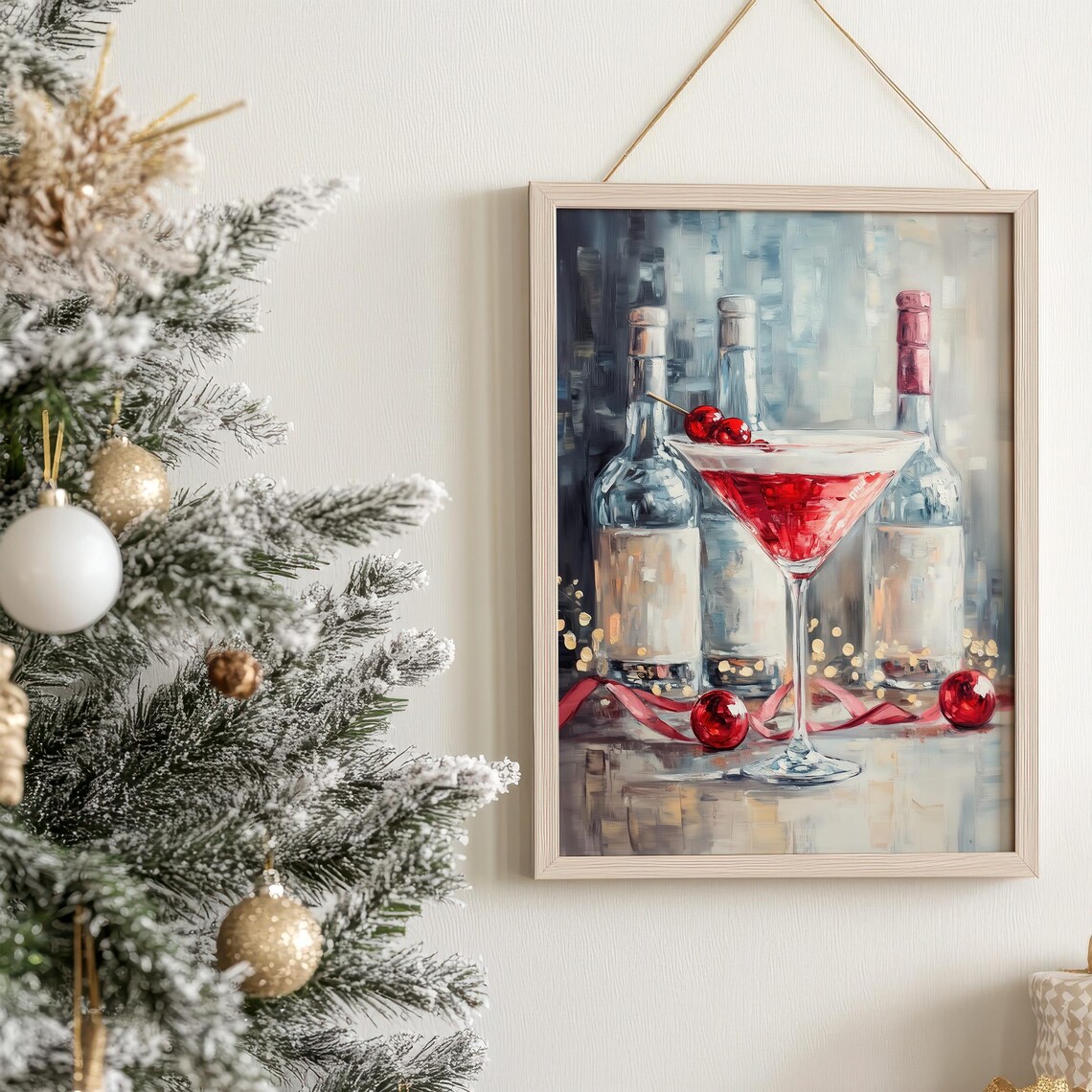 Cosmopolitan Cocktail Painting with Cranberries and Bottles Bar Art Poster - Image 3