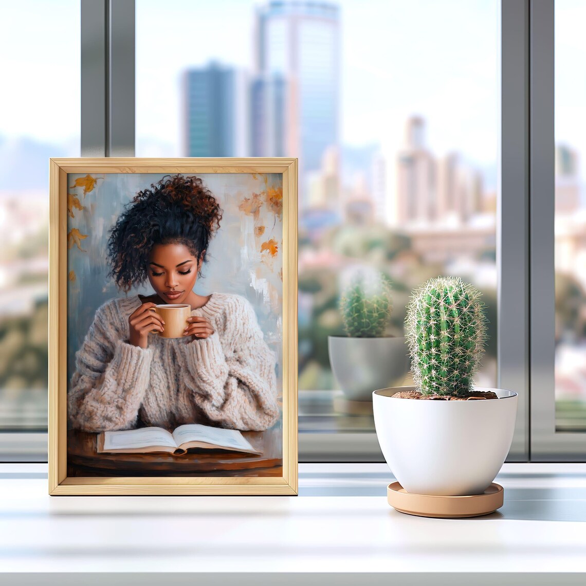 Black Woman In Knit Sweater With Coffee Autumn Reading Poster - Image 2