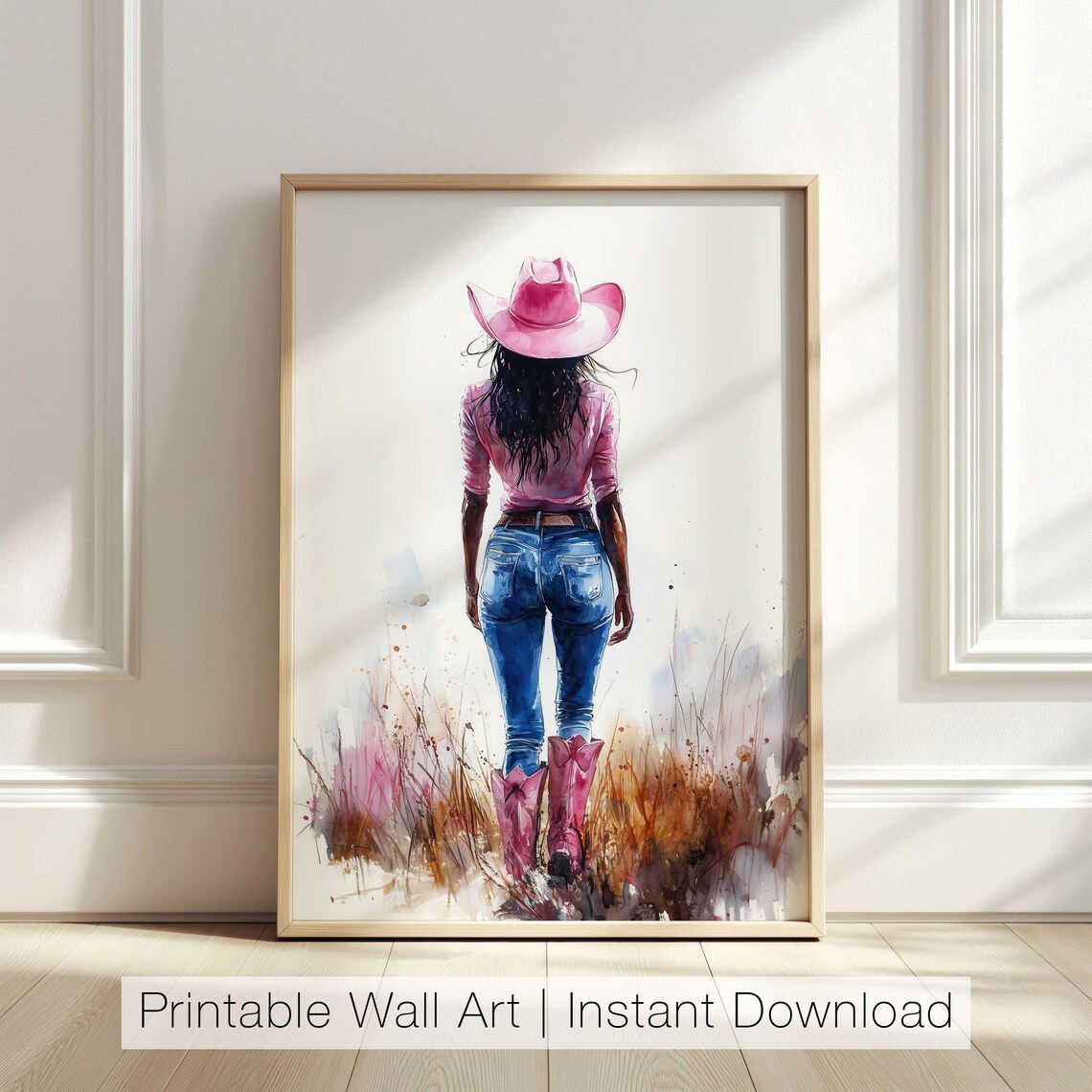Cowgirl In Pink Hat And Boots Walking Prairie Watercolor Poster