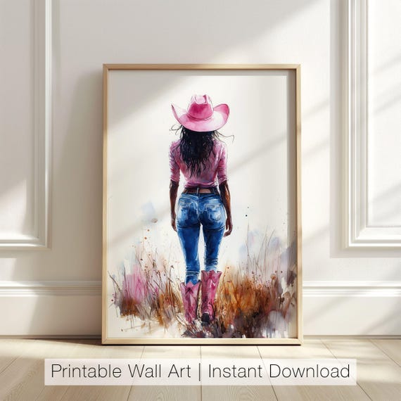 Cowgirl Art Print Black Woman Wall Art Pink Western Art Rustic Country Decor Country Girl Western Farmhouse