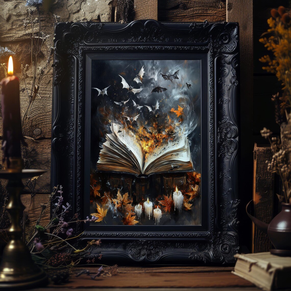 Open Magic Book with Flying Bats and Flames Dark Halloween Spell Poster - Image 7