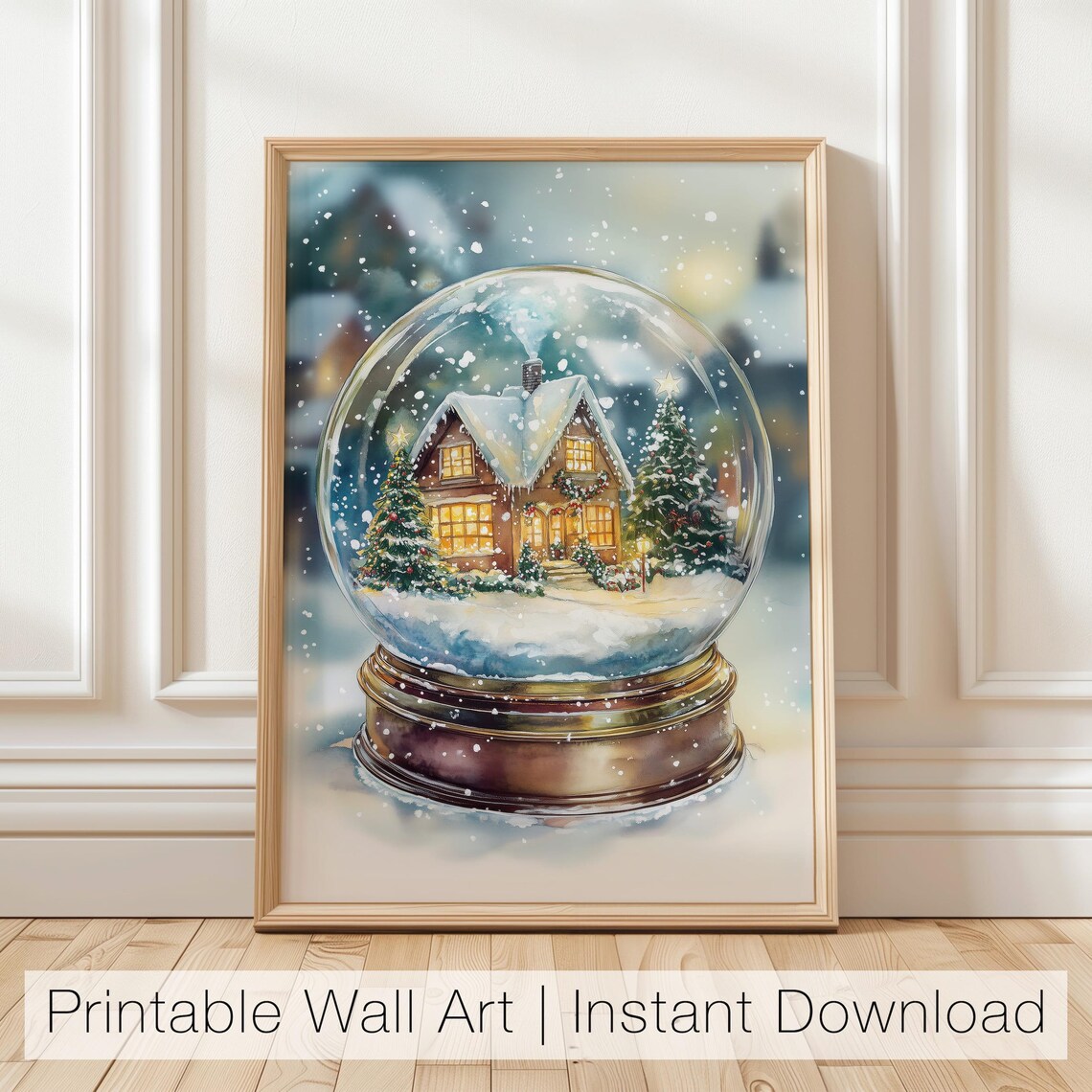 Christmas Snow Globe with Glowing Cottage and Falling Snow Art Poster