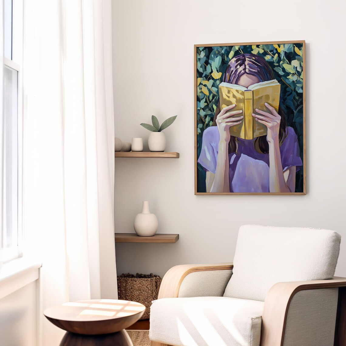 Woman Reading with Book Covering Her Face Among Green Foliage Poster - Image 5