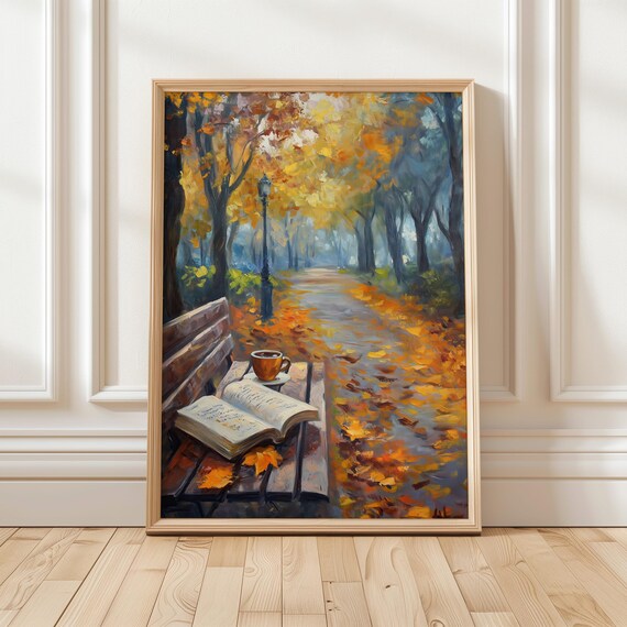 Autumn Park Bench With an Open Book and Coffee Cup Fall Poster