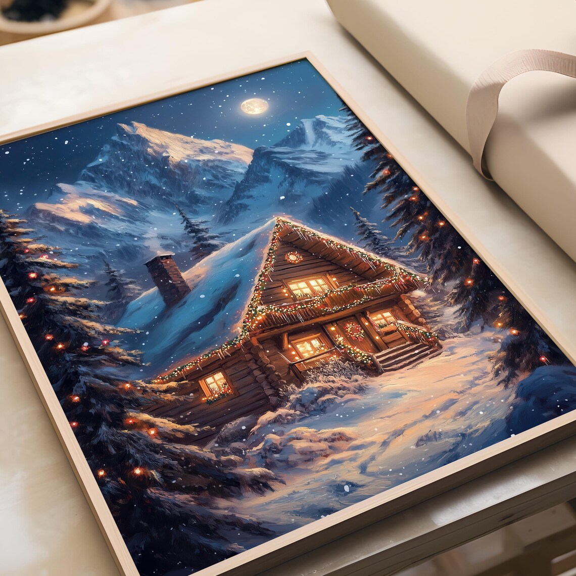 Christmas Cabin with Twinkling Lights Under Full Moon Snowy Night Poster - Image 5