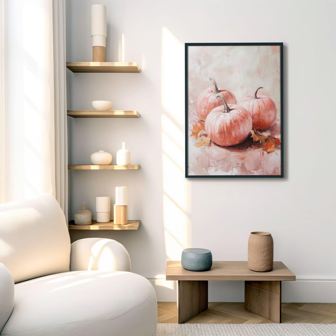 Pink Pumpkins Autumn Leaves Soft Fall Still Life Painting Wall Art - Image 3