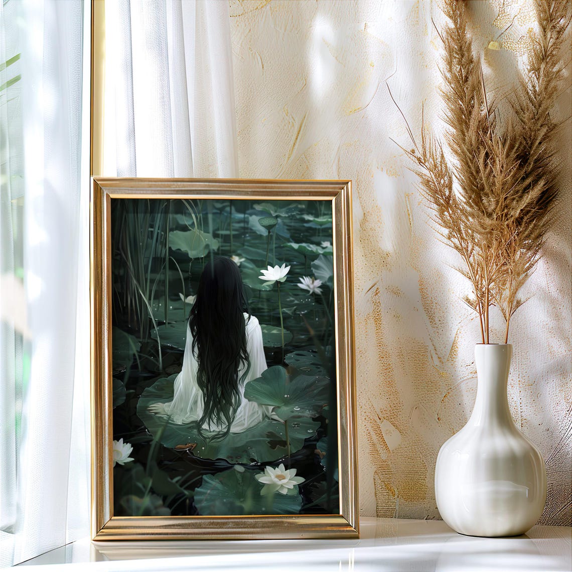 Water Maiden On Lily Pad Lotus Pond Ethereal Fantasy Art Poster - Image 2