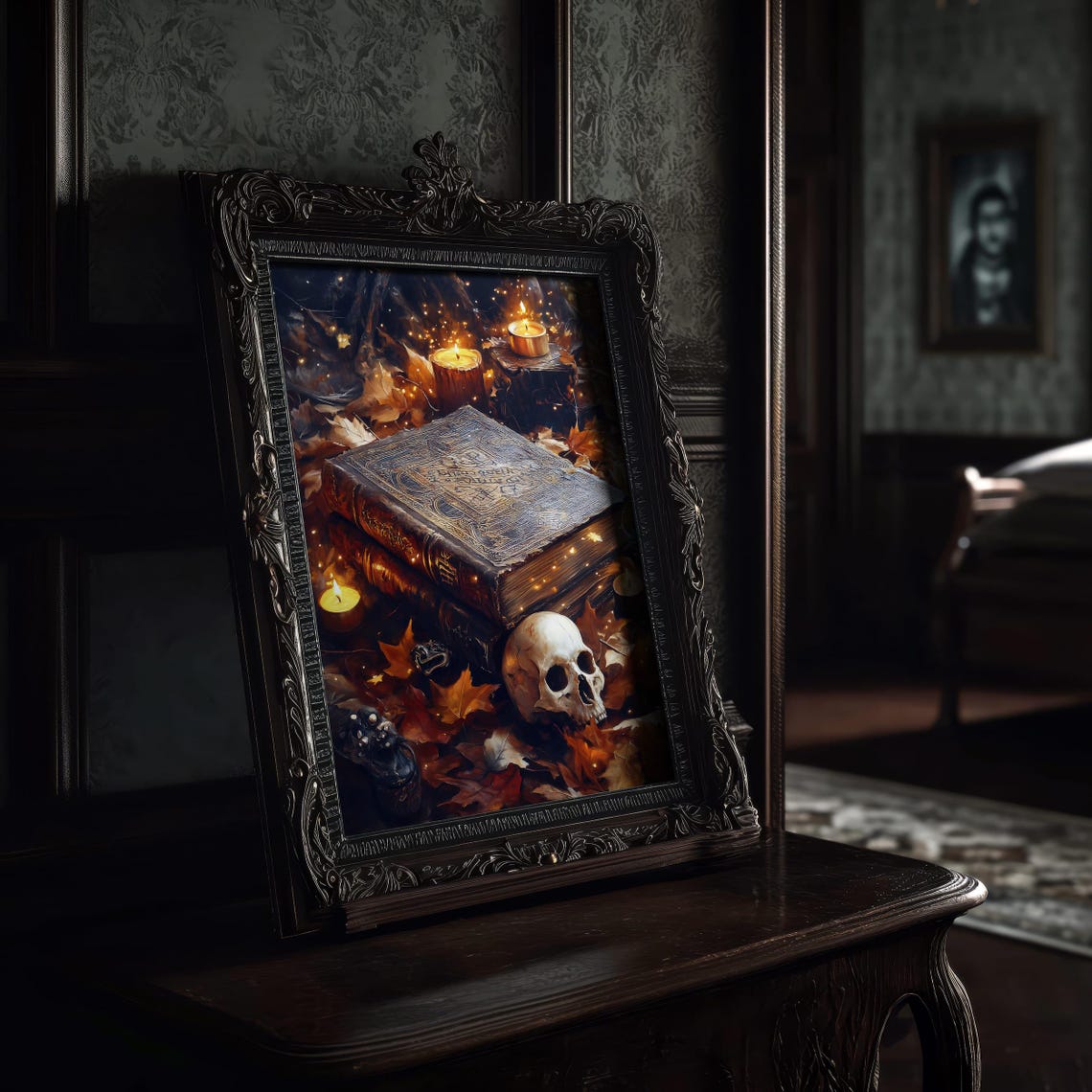 Witchy Spell Books Skull and Candles Dark Academia Art Poster - Image 8