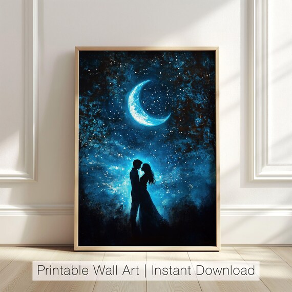 Romantic Couple Silhouette Under Crescent Moon Starry Poster