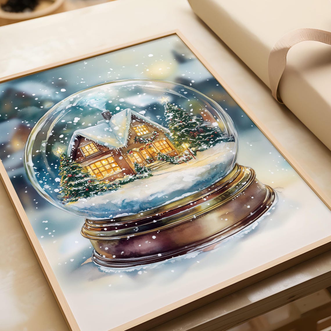 Christmas Snow Globe with Glowing Cottage and Falling Snow Art Poster - Image 3