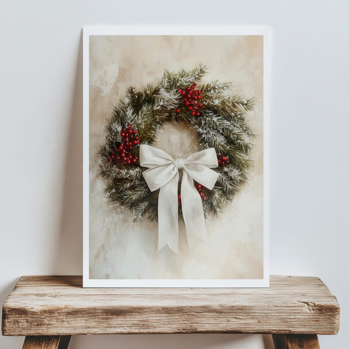 Vintage Christmas Wreath With White Bow Red Berries Pine Poster - Image 8