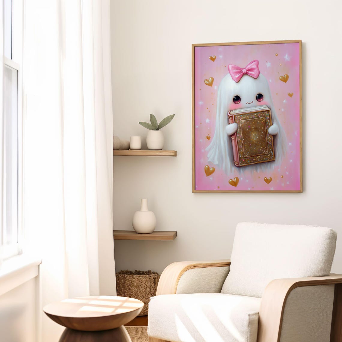 Cute Pink Ghost With Bow Holding Glitter Book Halloween Poster - Image 4
