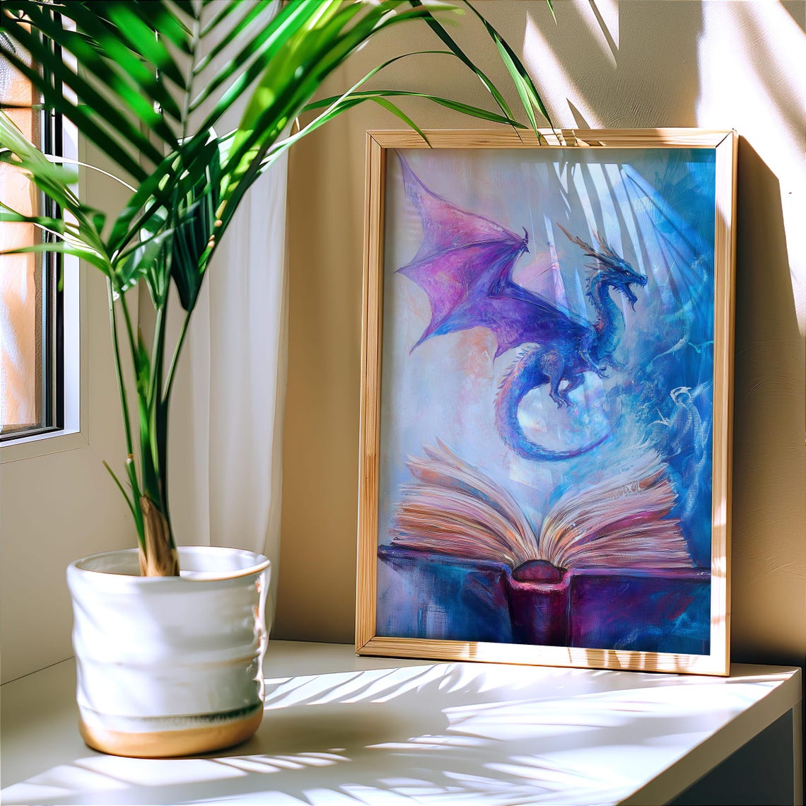 Purple Dragon Emerging From Open Book Magical Fantasy Art Poster - Image 2