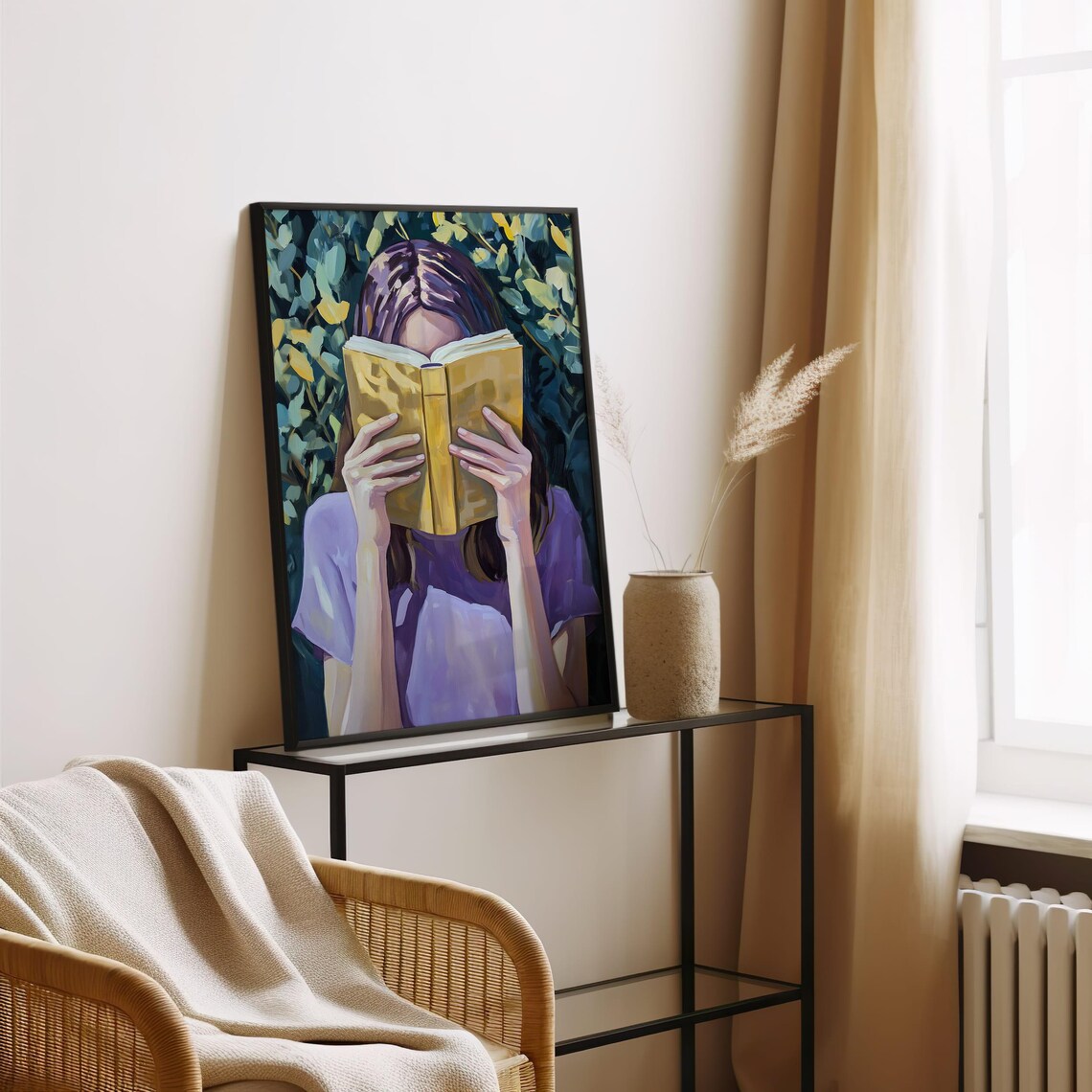 Woman Reading with Book Covering Her Face Among Green Foliage Poster - Image 3