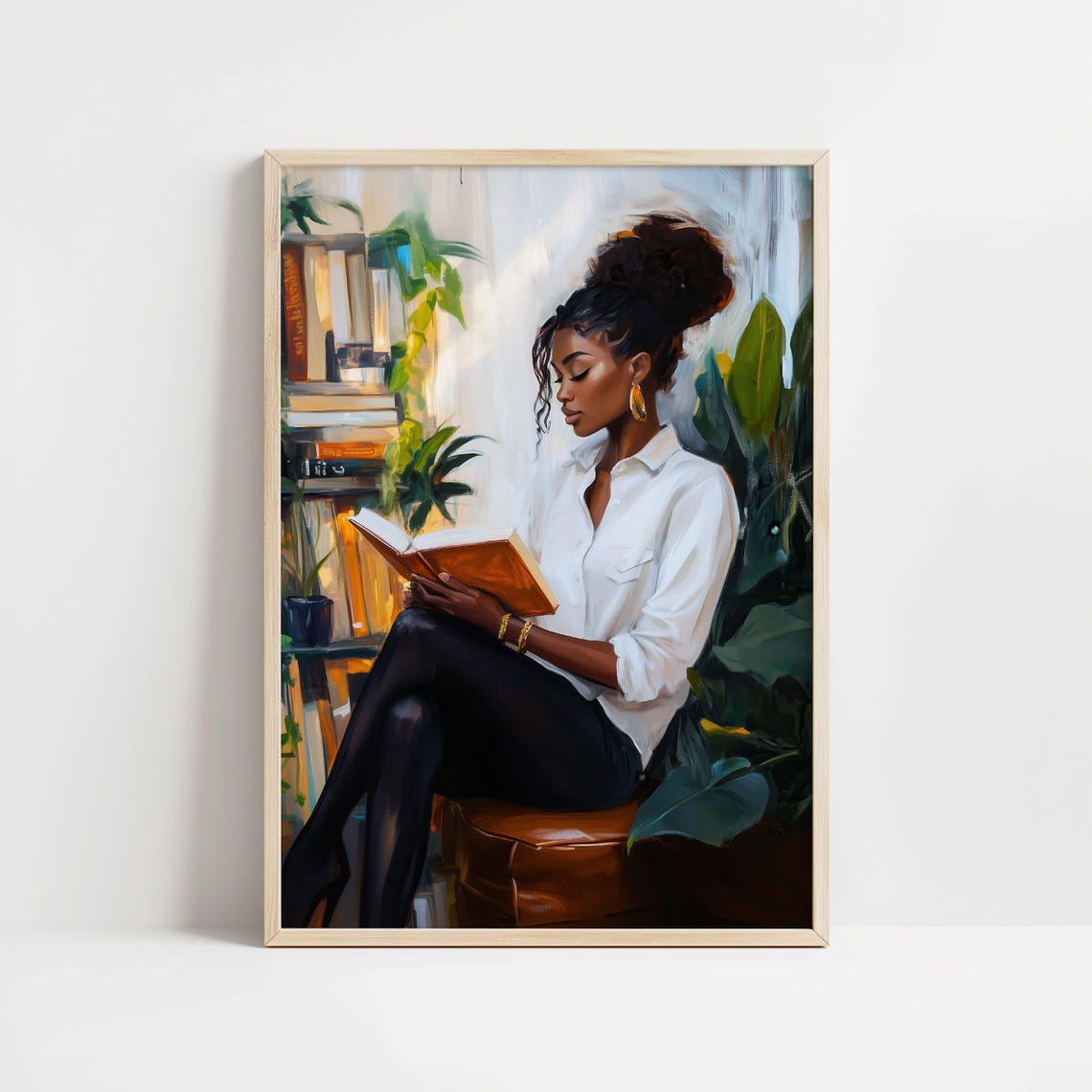 Black Woman With Top Knot Reading In Plant-Filled Library Poster - Image 8