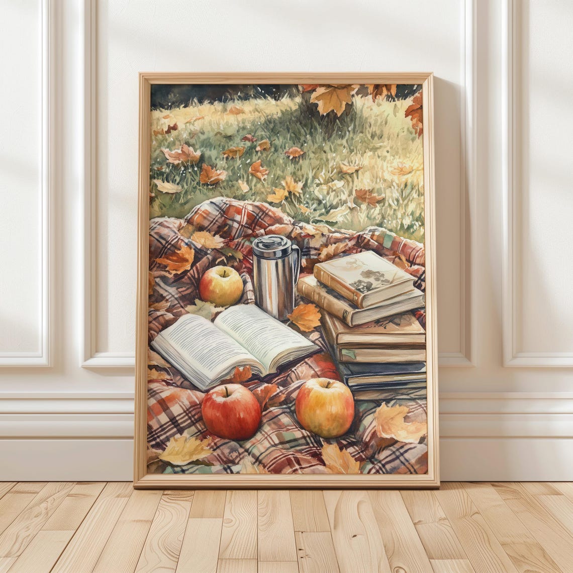 Autumn Picnic With Books Apples and Thermos Watercolor Poster