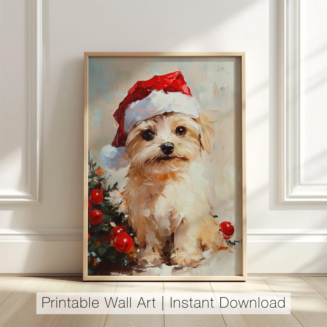 Christmas Puppy In Santa Hat Cute Dog Holiday Oil Art Poster