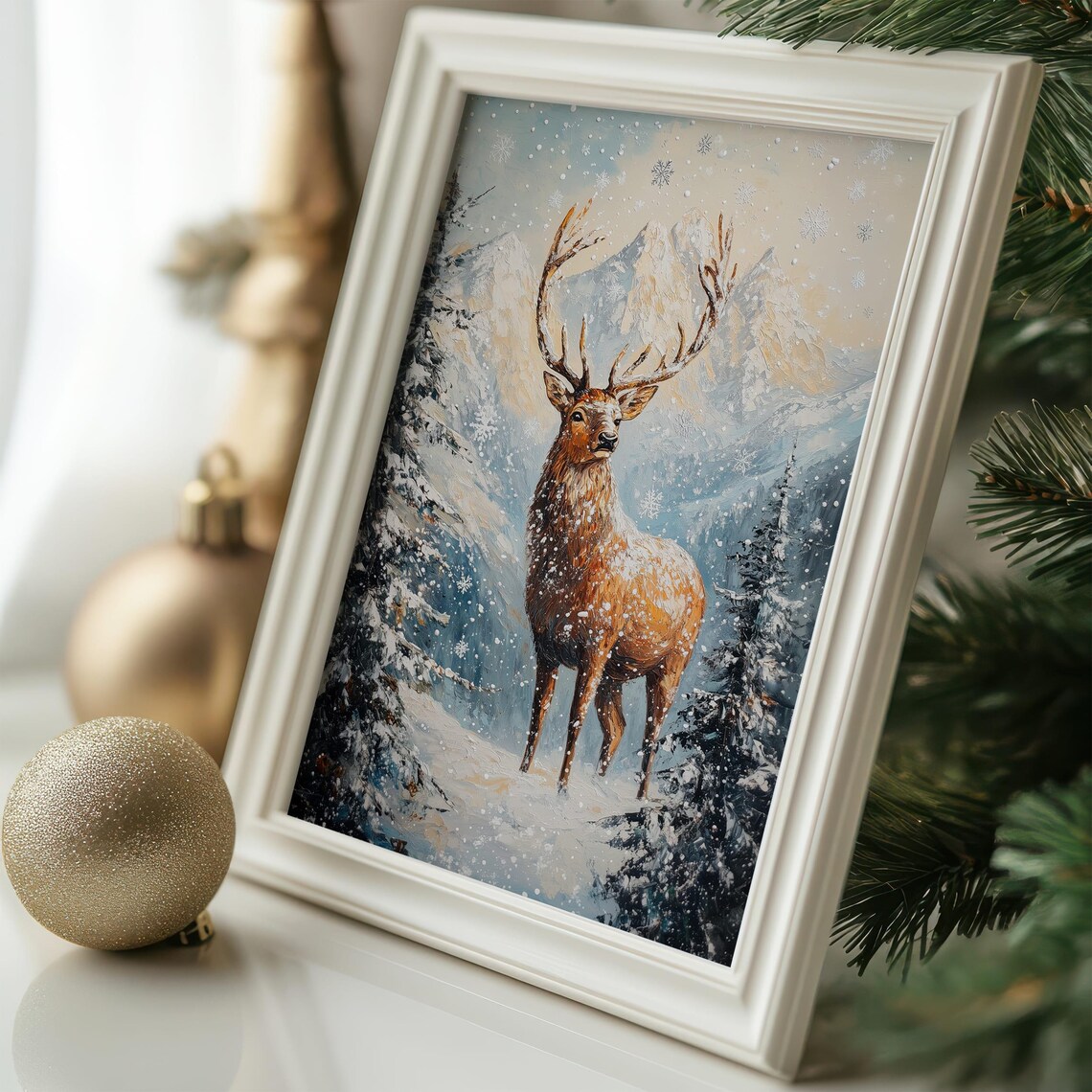 Majestic Stag in Snowy Mountain Landscape with Falling Snowflakes Poster - Image 6