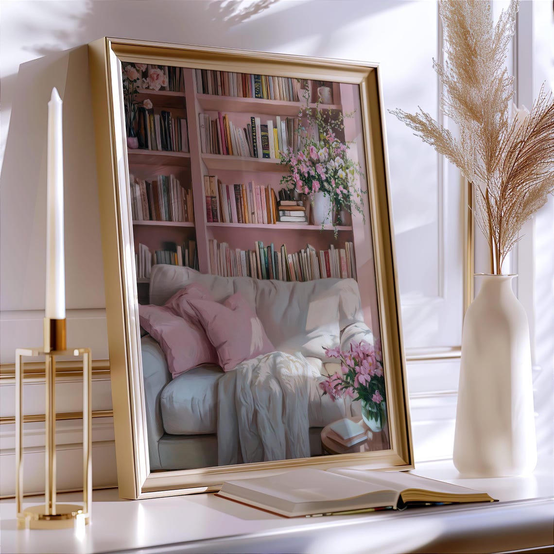 Cozy Pink Reading Nook Bookshelf Floral Book Lover Cozy Decor Wall Art - Image 5