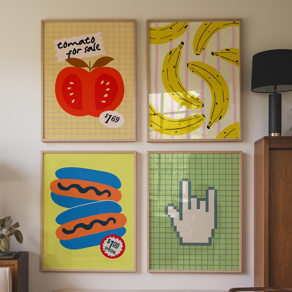 Retro Pop Art Kitchen Poster Set of 4 Tomato Banana Hot Dog Fun