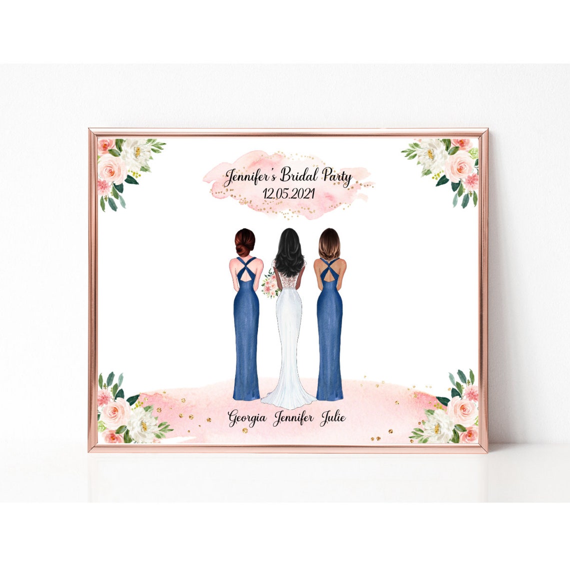 Bridal Party Bride With Two Bridesmaids In Blue Gowns Floral Poster