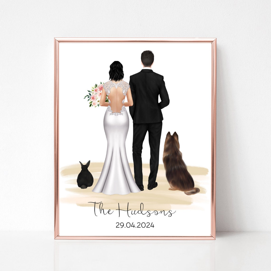 Personalized Wedding Couple Portrait With Pets Custom Bride Groom Print