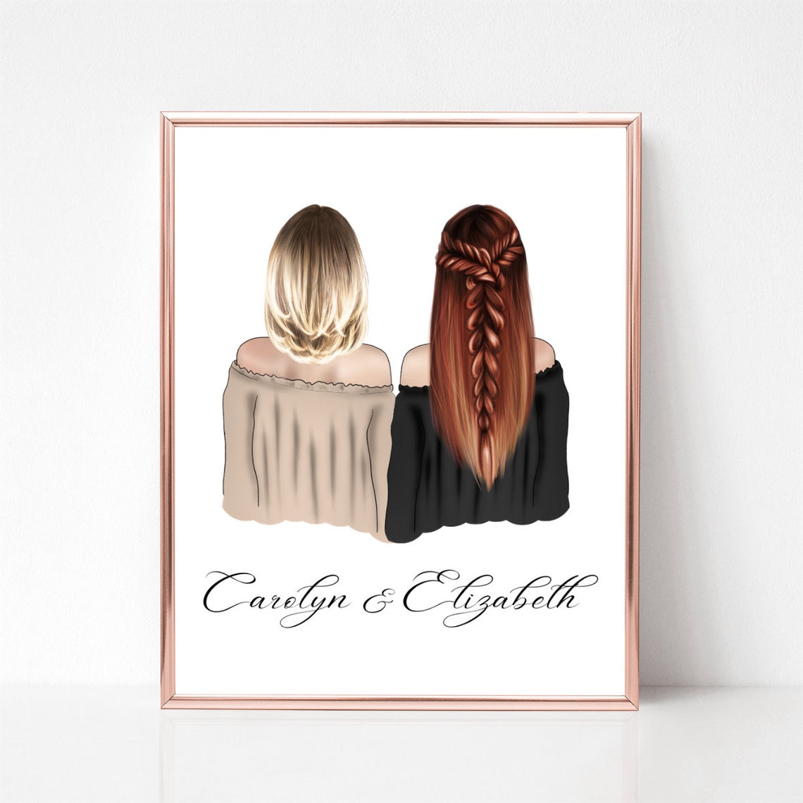 Two Best Friends From Behind Custom Names Gift Illustration Poster