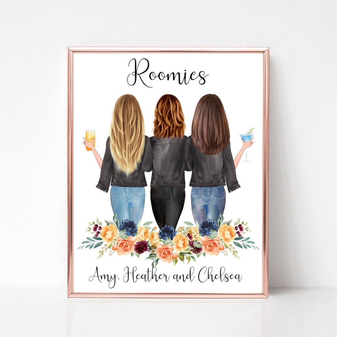 Roomies Three Friends Floral Wreath Best Friends Dorm Gift Poster