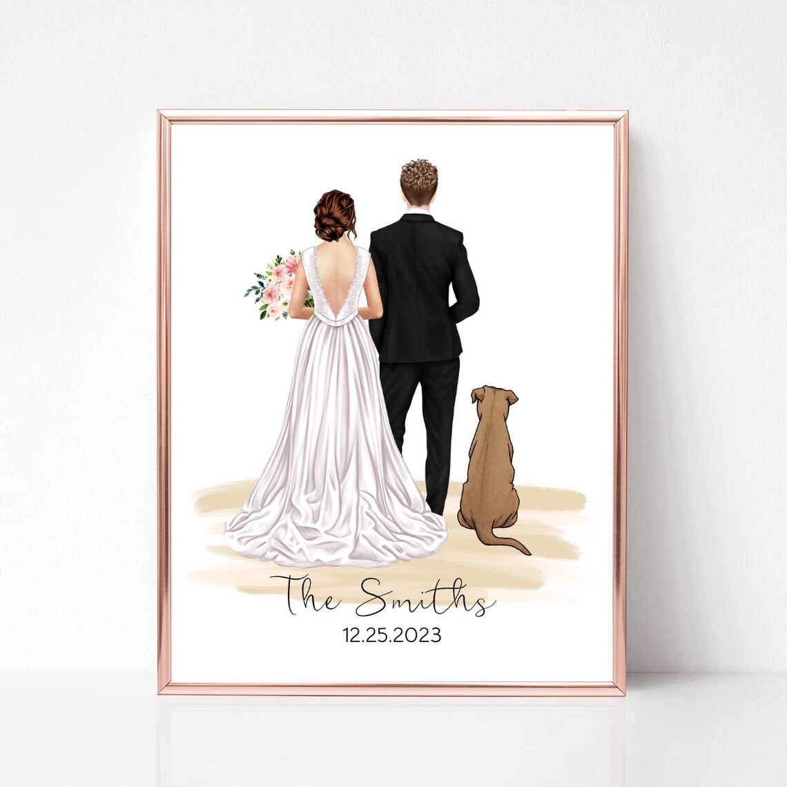 Personalized Wedding Print With Dog, Just Married