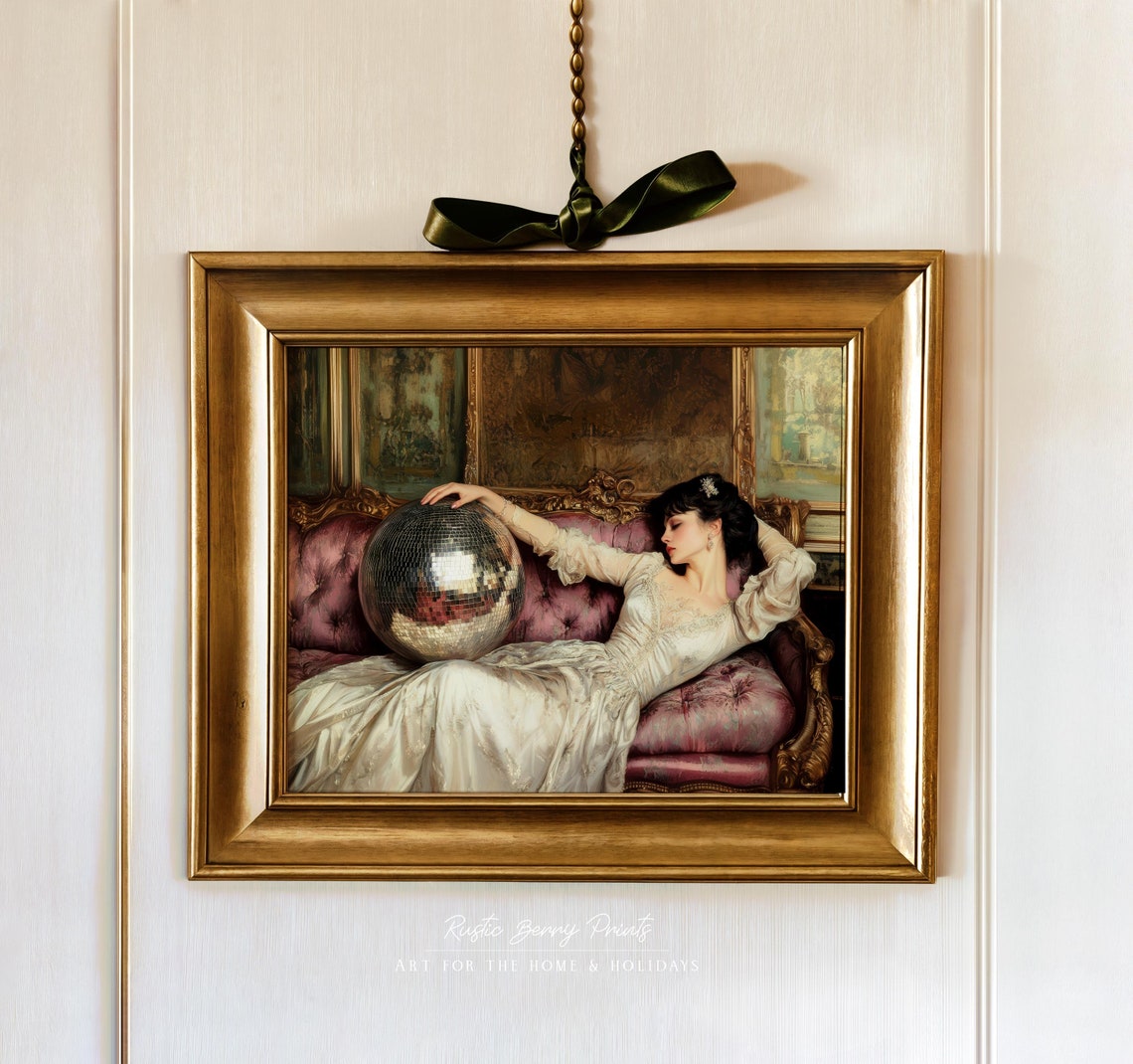 Victorian Lady Pink Chaise Disco Ball Romantic Painting Print