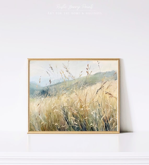 Vintage Grass Landscape Oil Painting Wall Art Vintage Print Country Farmhouse Decor Warm Tone Print Instant