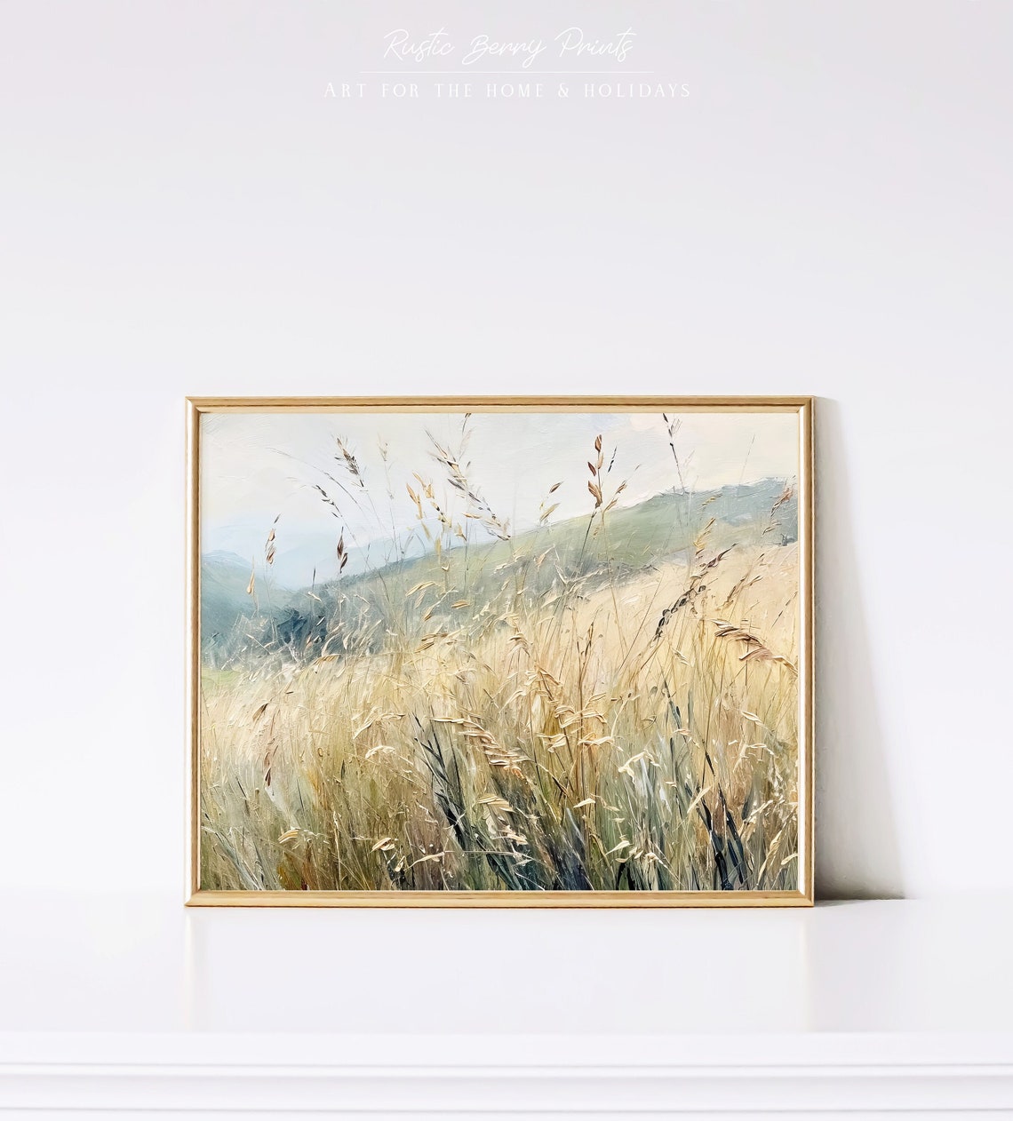 Golden Wheat Field Misty Green Hills Breezy Country Art Poster
