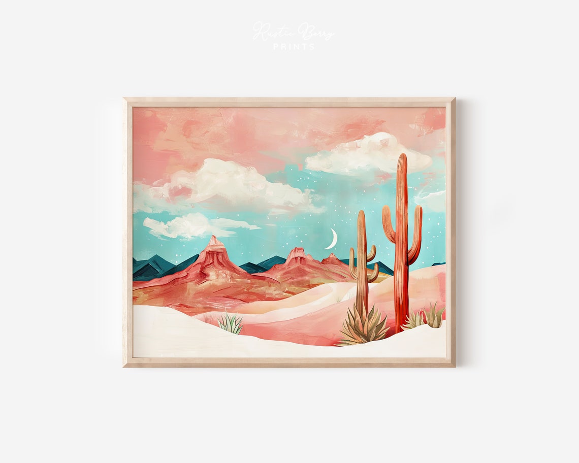 Pink Desert Dunes Saguaro Cacti Mesas Crescent Moon Western Wall Art
