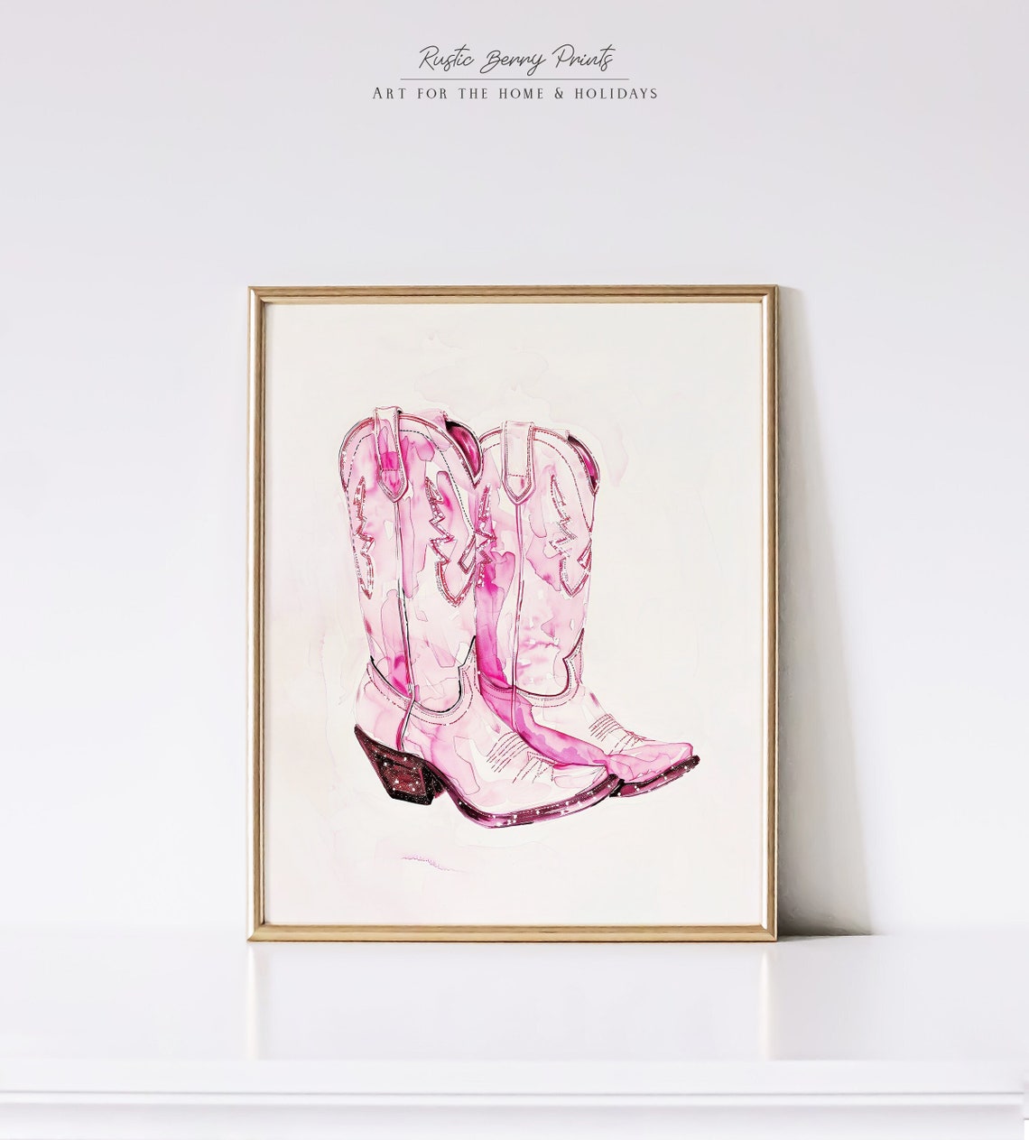 Pink Cowboy Boots Stitched Detail Soft Watercolor Western Wall Art