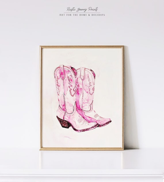 Pink Cowgirl Boots Art Print Wall Art Poster Vintage Preppy Trendy Western Decor Dorm Room Instant