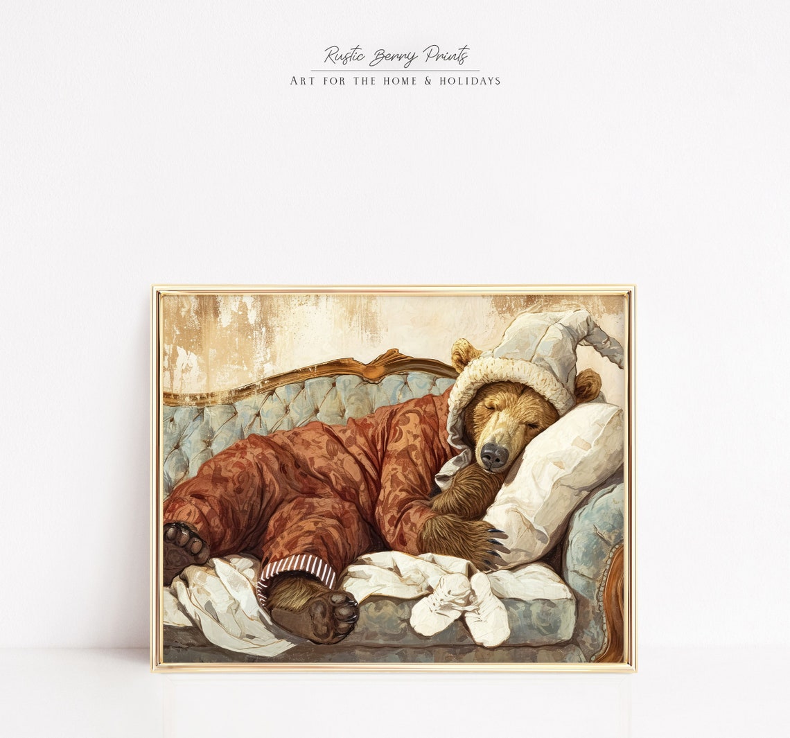 Sleepy Bear Pajamas Napping Vintage Chaise Cozy Nursery Wall Art