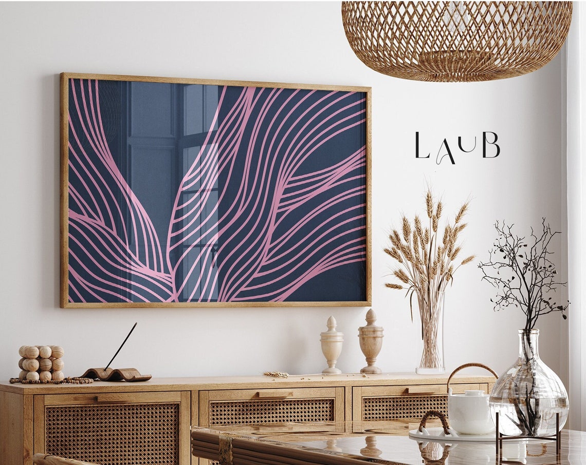 Navy Blue Pink Organic Wavy Lines Minimalist Abstract Wall Art - Image 3